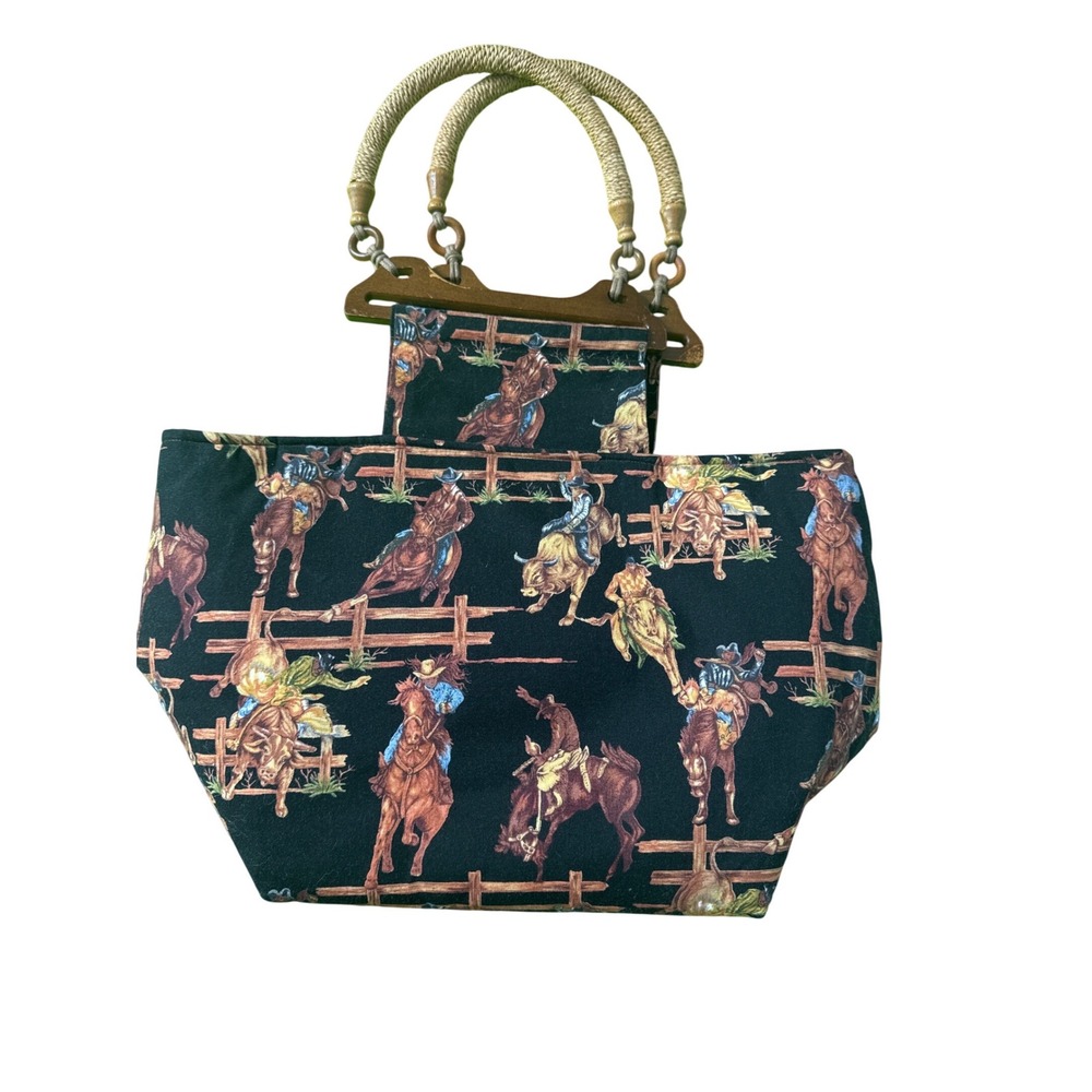 Tote‎ Bag Black Western Rodeo Bull Rider Wooden Handle by Rhonda Christopher